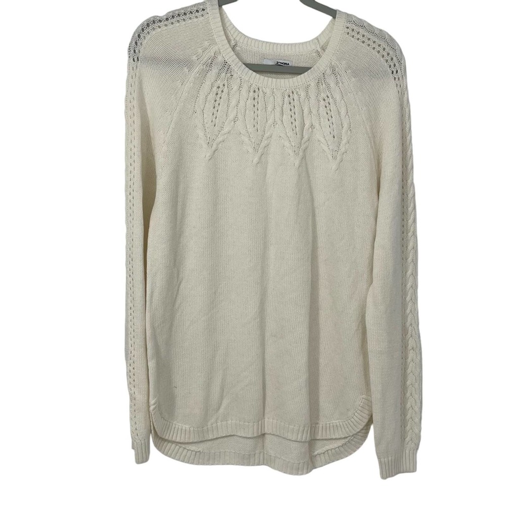 SONOMA WHITE SOFT LONG SLEEVE BRAIDED DESIGN SWEATER SMALL
